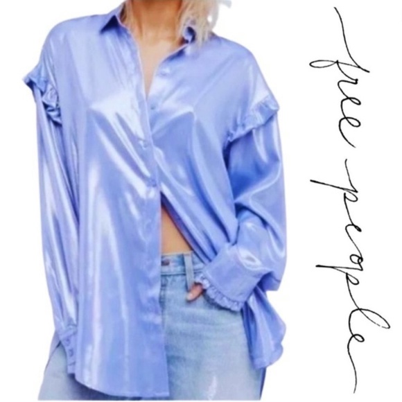 New FREE PEOPLE NWOT Oversized Ruffle Long Sleeve Holographic Shirt - Picture 1 of 9